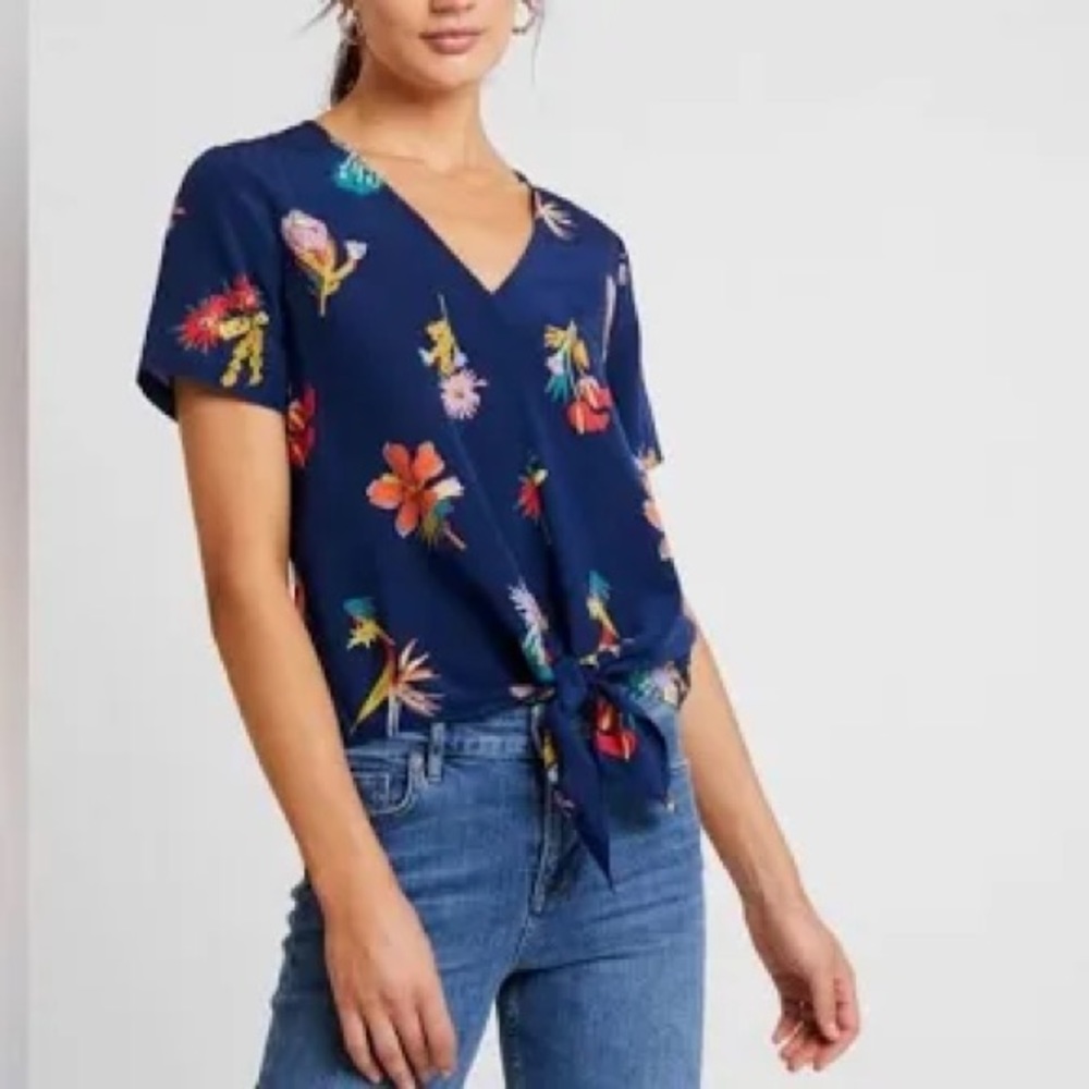 Madewell 100% Silk Navy Floral Tie-Front Blouse XXS